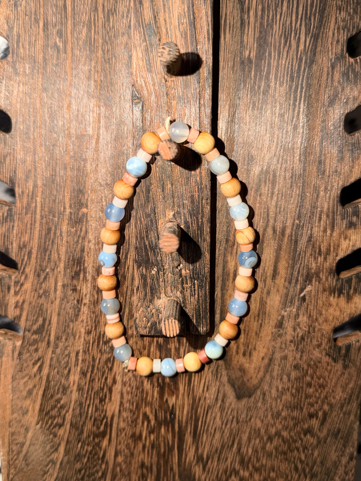 Dyed Blue Agate, Pink Opal, and Sandalwood Bracelet