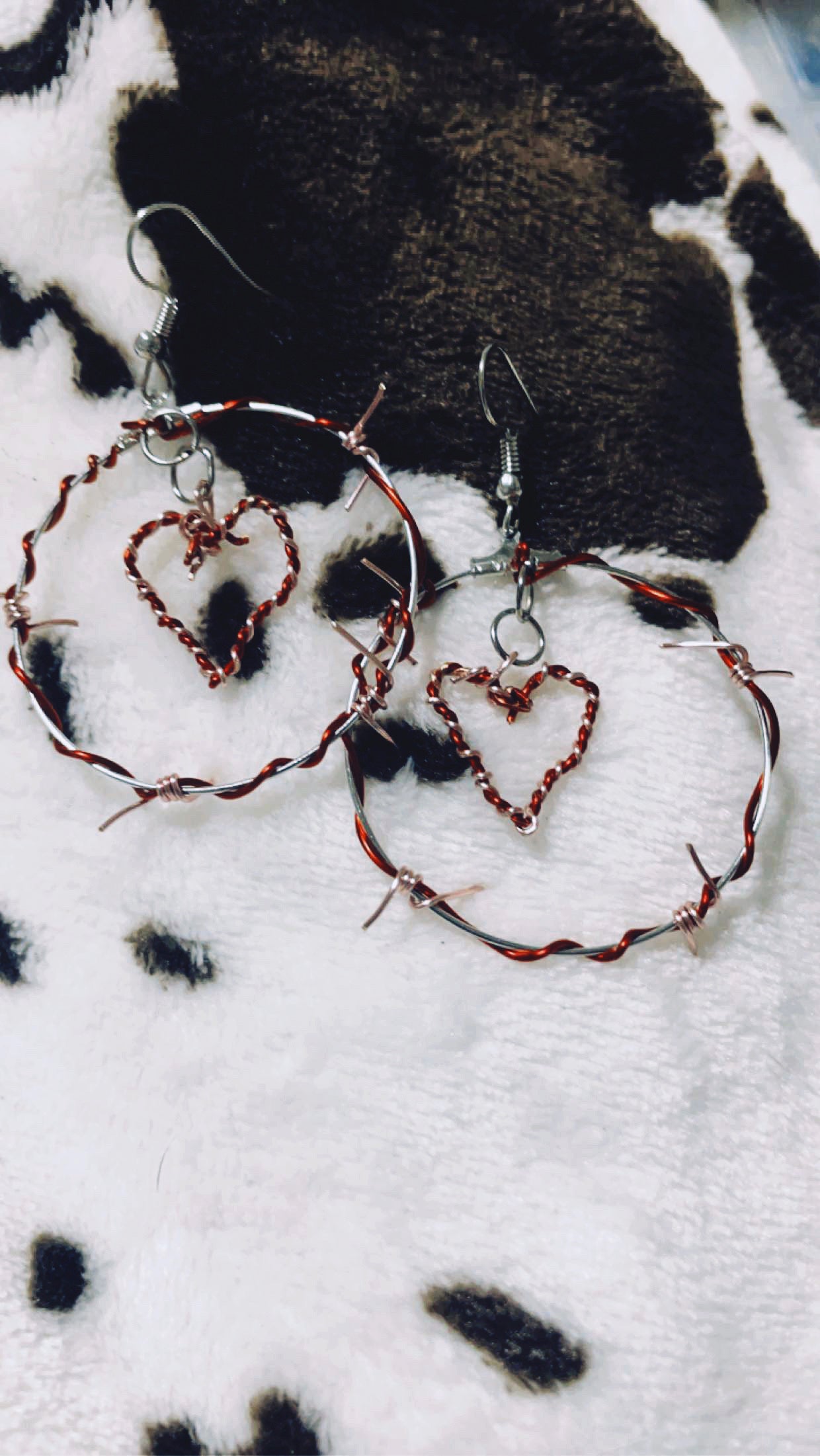 Pink, Red, and silver barbed wire hoops with heart earrings