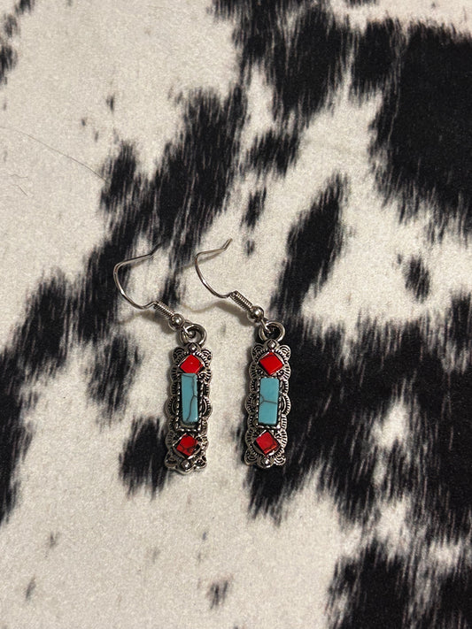 Red and turquoise bar earrings