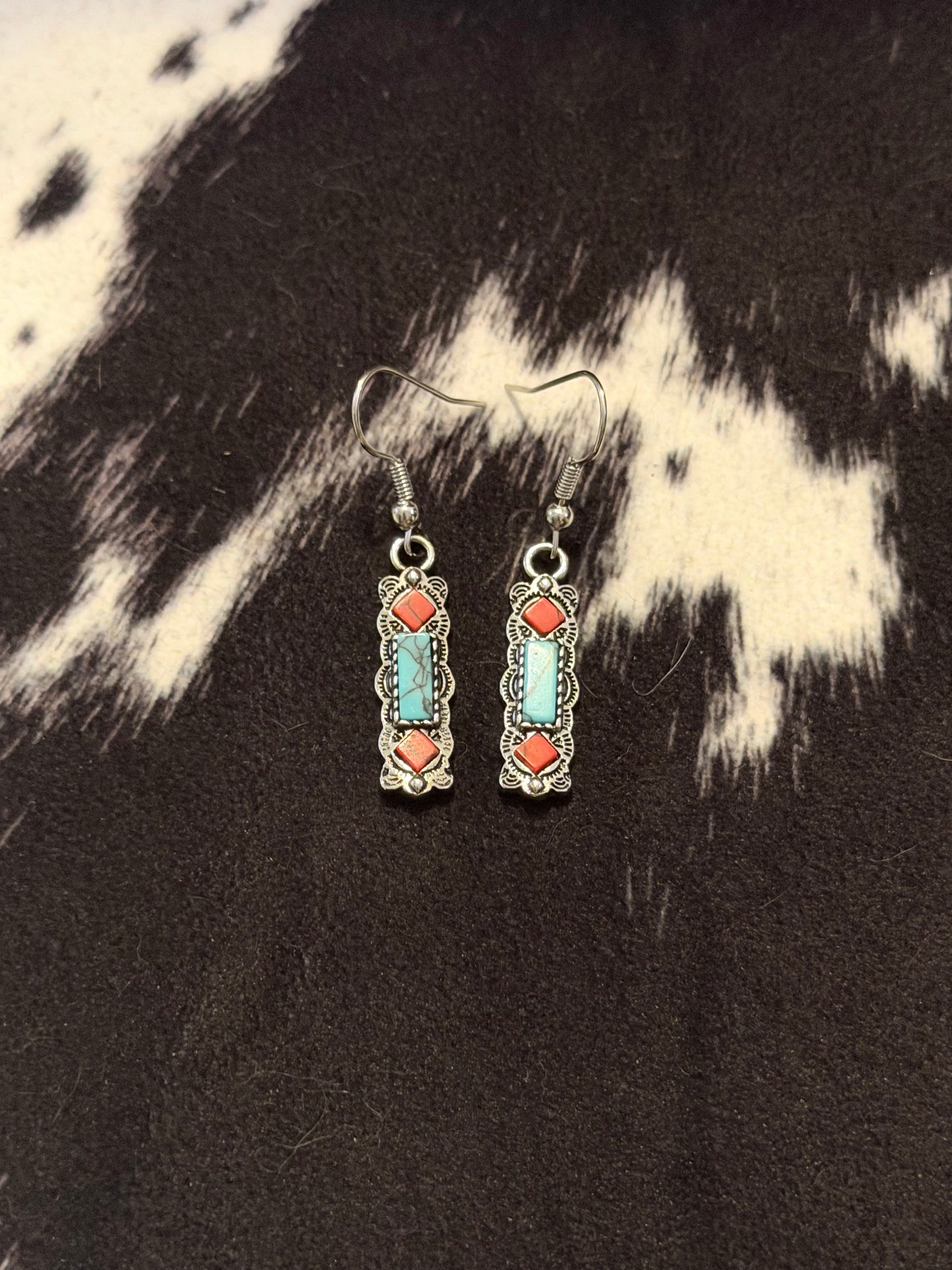 Red and turquoise bar earrings