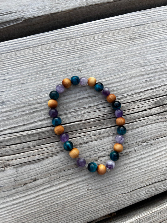 Sandalwood, blue tigers eye, and tooth amethyst bracelet.