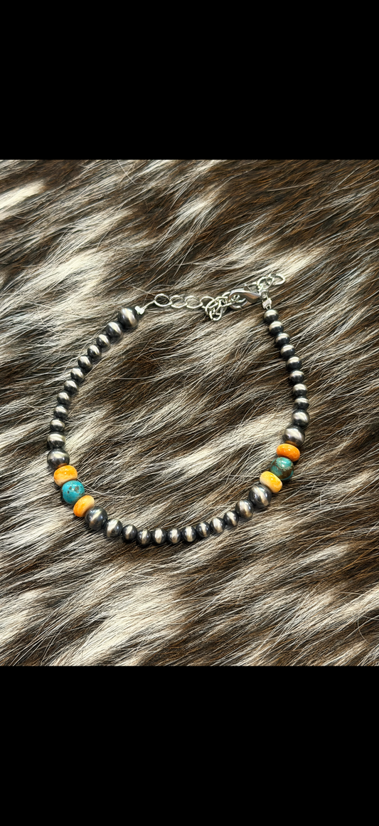 Orange Spiny and Kingman Silver Bracelet