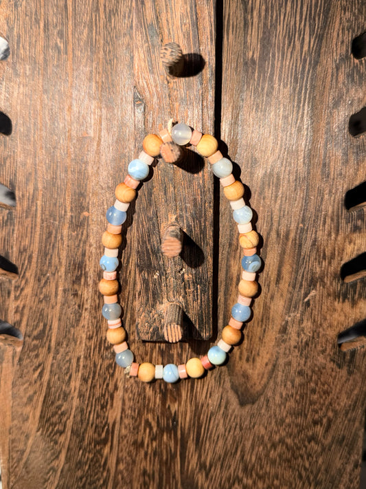 Dyed Blue Agate, Pink Opal, and Sandalwood Bracelet