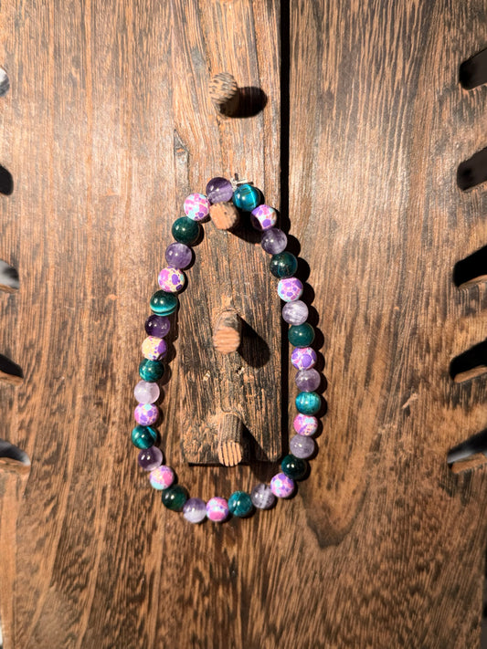 Sea Sediment Jasper, Blue Tigers Eye, Tooth Amethyst Bracelet