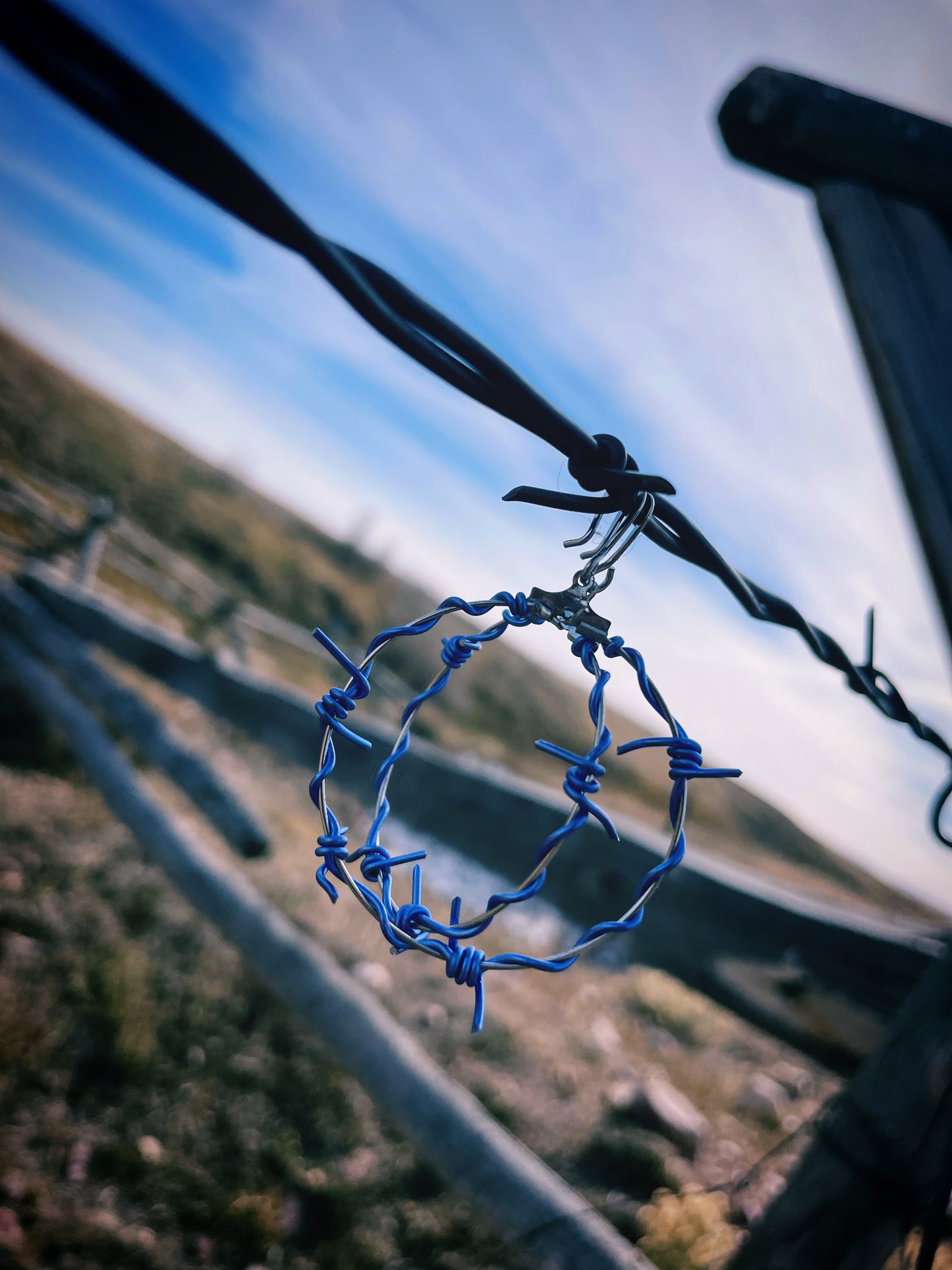 Blue and silver barbed wire hoops